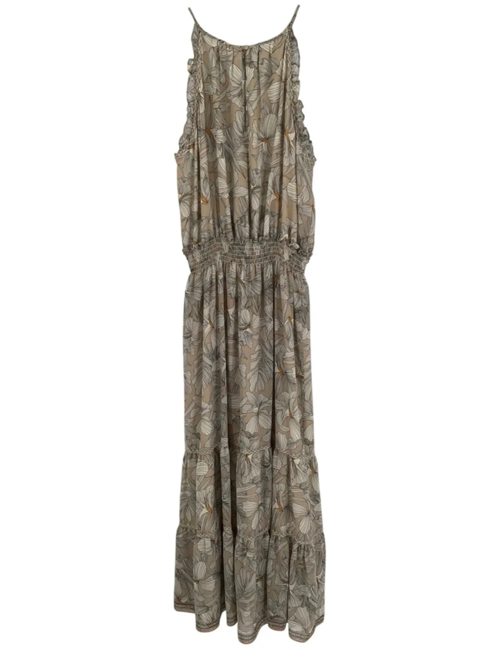 Max Studio Beige Taupe Floral Maxi Dress with Smocked Waist - Picture 3 of 15